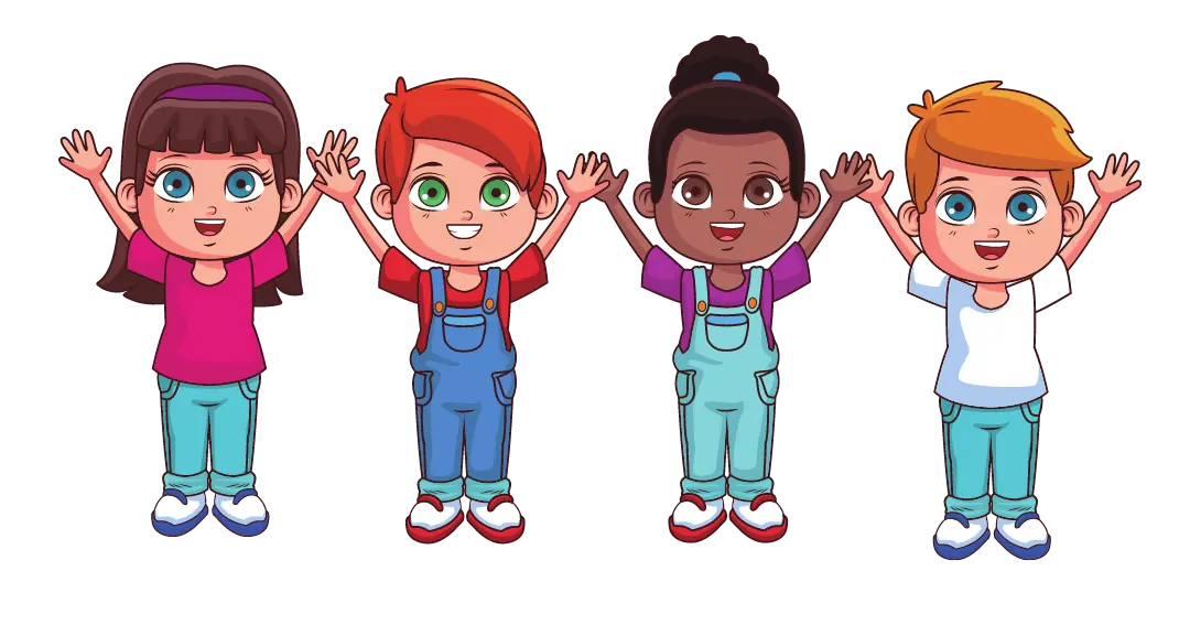 Group of four happy children with healthy smiles raising their hands at Dino Kids Pediatric Dentists