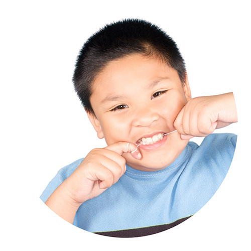 A child flossing their teeth