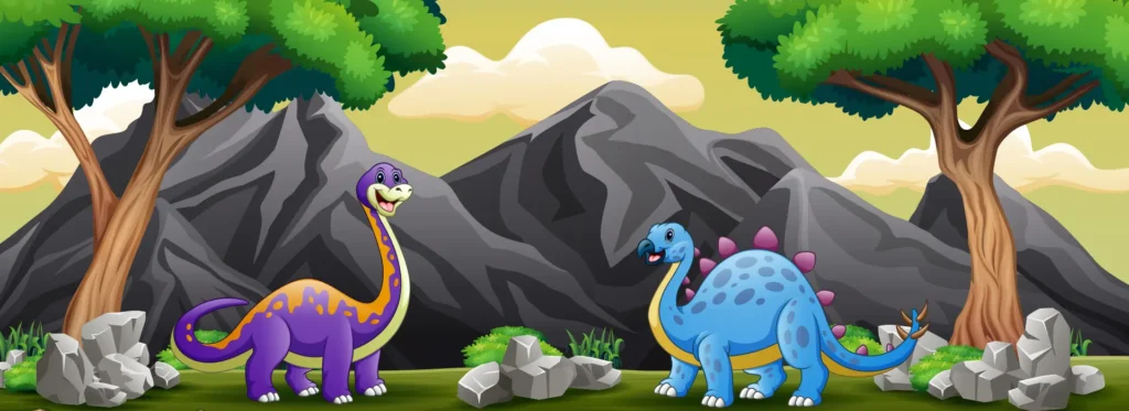 Colorful cartoon landscape with happy purple and blue dinosaurs for Dino Kids Pediatric Dentists financial options page